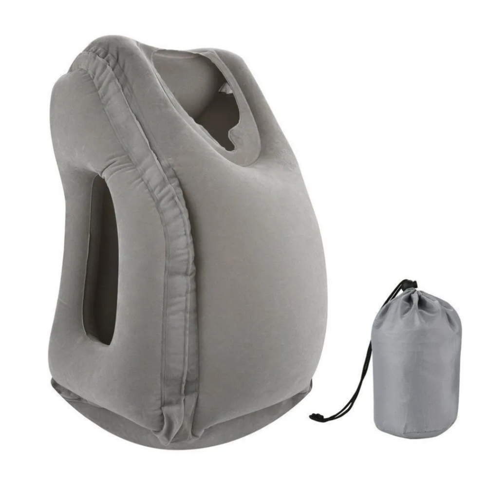 Gray Inflatable Travel Pillow for Upright / Seated Posture and Air Ventilation